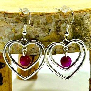 Handmade Sterling Silver Heart Pendant Earrings with Pink Tiger Eye Stones